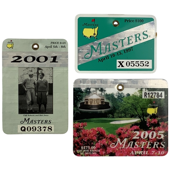 Three Masters Tournament Series Admission Badges (1997, 2001, 2005) Tiger Wins!