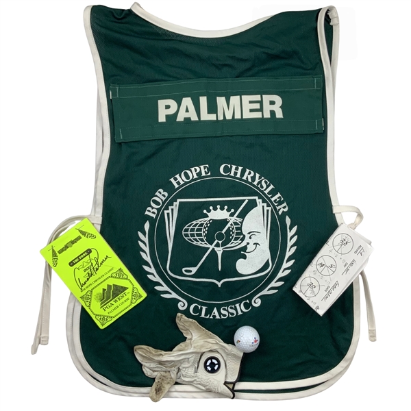 Arnold Palmers 71 at 71! 2001 Bob Hope Chrysler Classic Tournament Used & Signed Bib, Ball, Glove, Yardage Book & Pin Sheet - Last to Shoot Age on Tour JSA ALOA