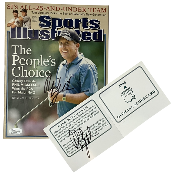 Two Phil Mickelson Autographed Items Including 2005 Sports Illustrated and 2006 Masters Scorecard JSA ALOA