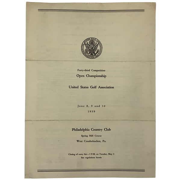 1939 Philadelphia C.C. US Open Championship USGA Official Entry Form - Byron Nelson win!
