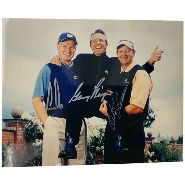 South African Golf Legends Ernie Els Gary Player and Retief Goosen Triple Signed Color Photograph JSA ALOA