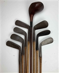Set of Eight Antique Hickory Shaft Golf Clubs Including Banner and Burke Maker Marks