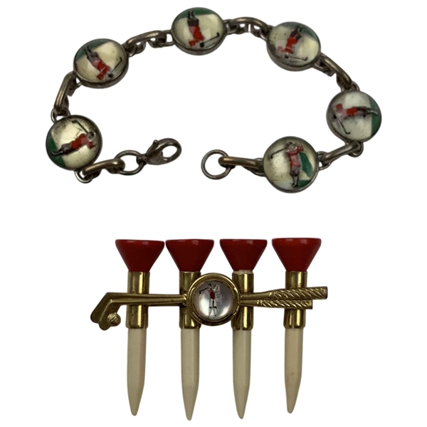 Two Vintage Golf Themed Jewelry Items Including an Ecclia Sterling Silver Bracelet and a The Reddy Tee Brooch