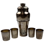 A Set of Meriden Silver-Plated Art Deco Cocktail Items with Golfing Decoration