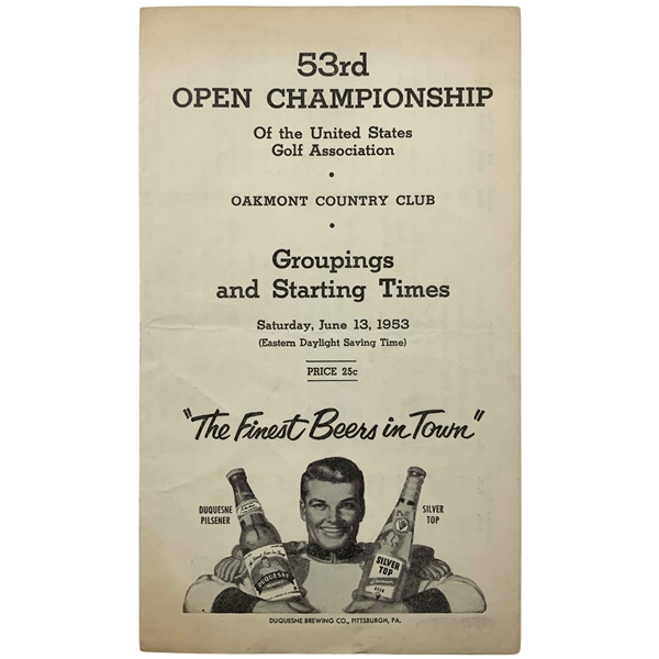 1953 US Open Championship Official Pairing Sheet Oakmont Country Club - Hogan Win