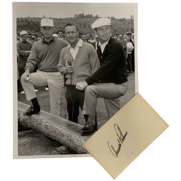Arnold Palmer Signed Index Card and Jack Nicklaus Ken Venturi Laurel Valley Press Photograph JSA ALOA