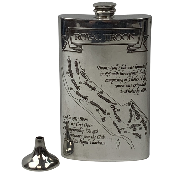 Royal Troon Golf Club Scottish Piper Pewter Hip Flask with Funnel and Presentation Box