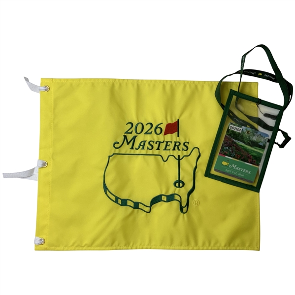 Two 2026 Masters Tournament Commemorative Items Including Embroidered Pin Flag and Spectator Badge