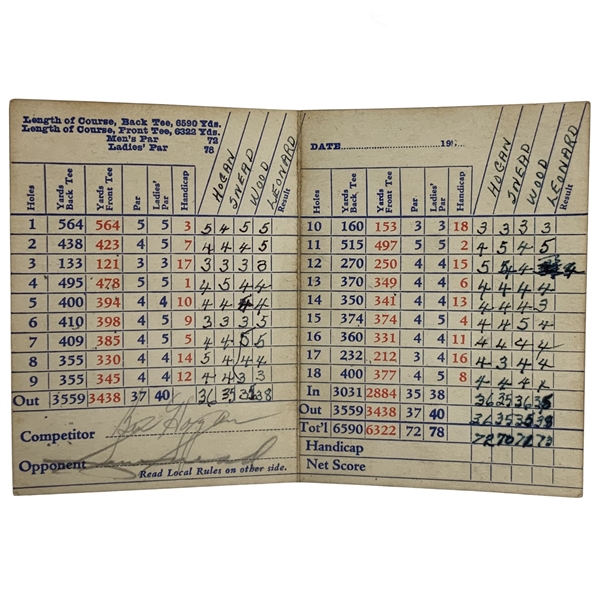 Ben Hogan & Snead Signed Scored 1945 Exhibition at Shaughnessy Heights GC Scorecard JSA ALOA