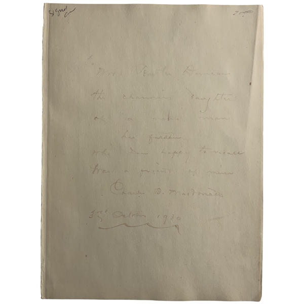 Charles CB Macdonald Signed 1930 Personal Message on Flyleaf Page JSA ALOA