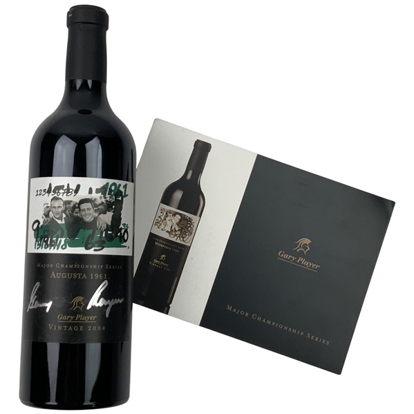 Gary Player Signed Quoin Rock 2004 Vintage Major Championship Series Augusta 1961 Wine Bottle and Brochure JSA ALOA