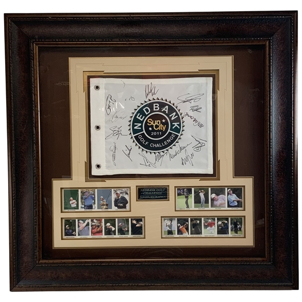Framed Multi-Signed 2011 Nedbank Golf Challenge Sun City Pin Flag and Player Photo Display JSA ALOA