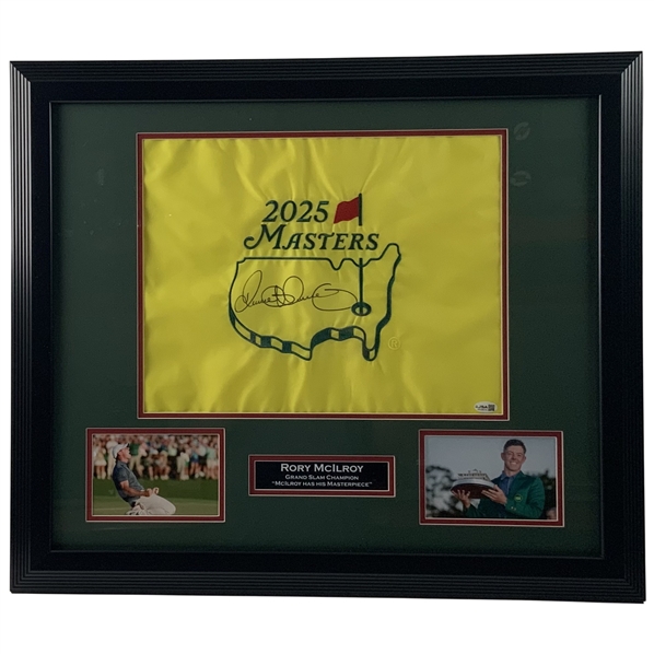 Rory McIlroy Signed 2025 Masters Flag Custom Framed Memorabilia Display JSA #BA38016