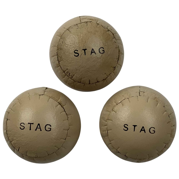 Three Vintage Stitched Leather Sports Balls by Stag - Reproduction