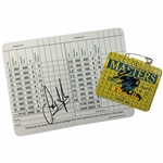 Larry Mize Signed 1987 Masters Series Badge & Sandy Lyle Signed Augusta National Golf Club Scorecard JSA ALOA