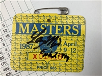 Larry Mize Signed 1987 Masters Series Badge & Sandy Lyle Signed Augusta National Golf Club Scorecard JSA ALOA