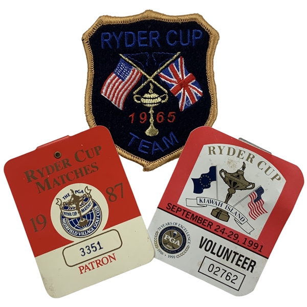 A Trio of Ryder Cup Golf Memorabilia Including a 1965 Team Patch and Tournament Badges
