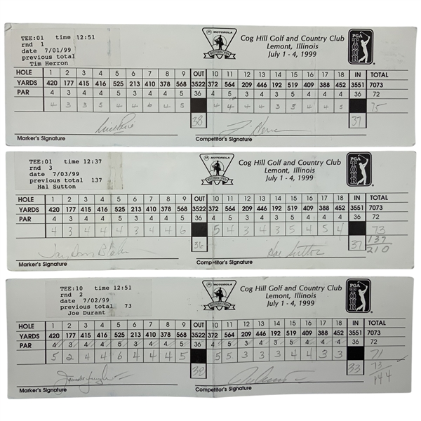 Sutton, Durant, Herron & Three Others Signed 1999 Motorola Western Open Official Scorecards