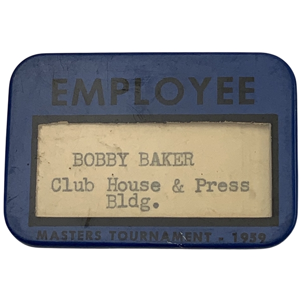 1959 Masters Tournament Employee Badge for Bobby Baker - Jack Masters Debut