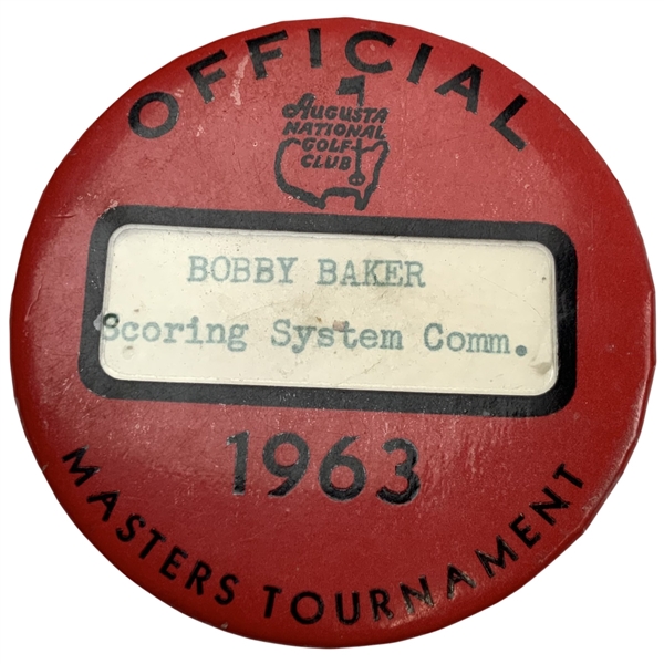 1963 Masters Tournament Official Scoring System Committee Badge for Bobby Baker - Jacks 1st Masters Win