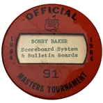 1964 Masters Tournament Official Tournament Staff Badge - Arnold Palmer Win