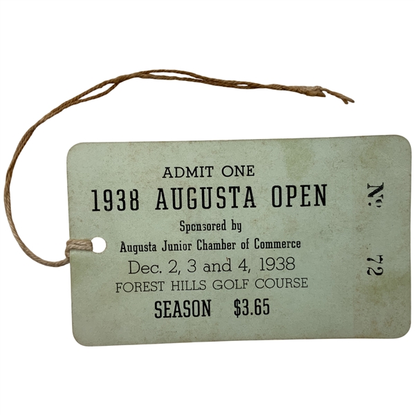 1938 Augusta Open Golf Tournament Season Admission Ticket - Craig Wood Win
