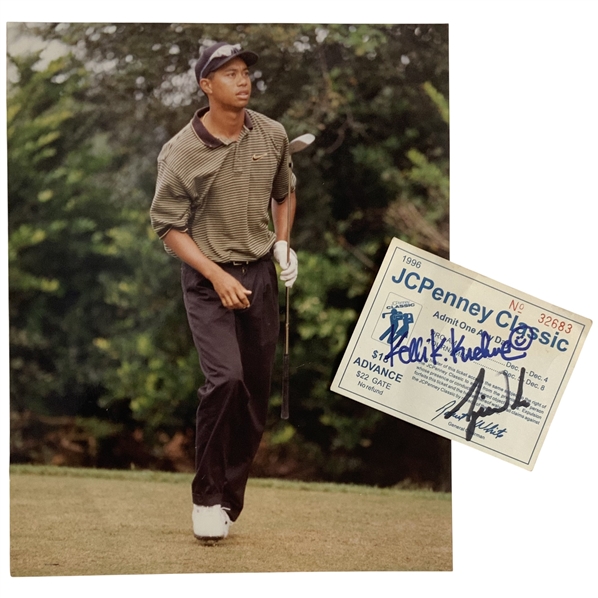 Tiger Woods & Kelli Kuehne Signed 1996 JC Penney Classic Rookie Season Ticket & Original Photo w/ Hat JSA ALOA
