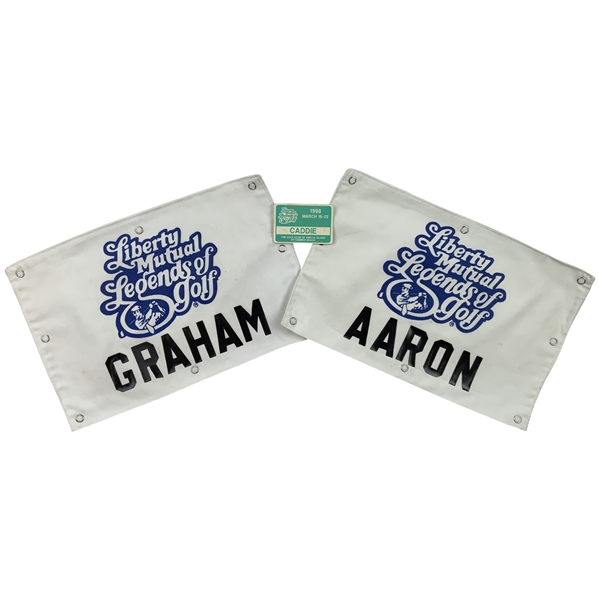 Tommy Aaron & David Grahams 1998 Liberty Mutual Legends of Golf Tournament Caddie Bib Panels and Badge