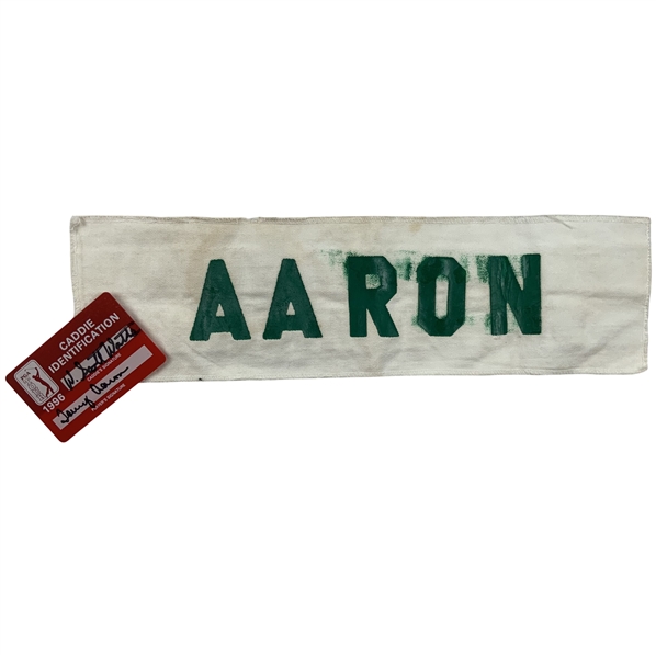 Tommy Aarons Masters Used Caddie Nameplatew/ signed 1996 PGA Tour ID Card JSA ALOA