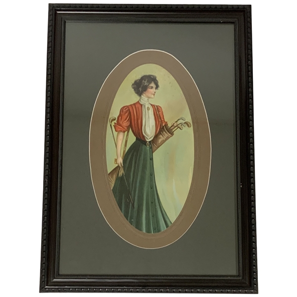A Framed Color Print Depicting a Lady Golfer in Edwardian Attire