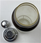 Vintage Frosted Glass Three Piece Cocktail Shaker with Silver Overlay Golfing Motif