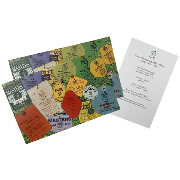 A Collection of three Augusta National Golf Club Amateur Dinner Menus and Masters Tournament Badge Collage Prints