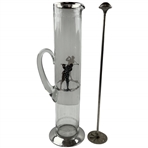 Vintage Tall Sterling Silver Overlay Golf Motif Glass Cocktail Pitcher w/ Uncommon Stirrer Set