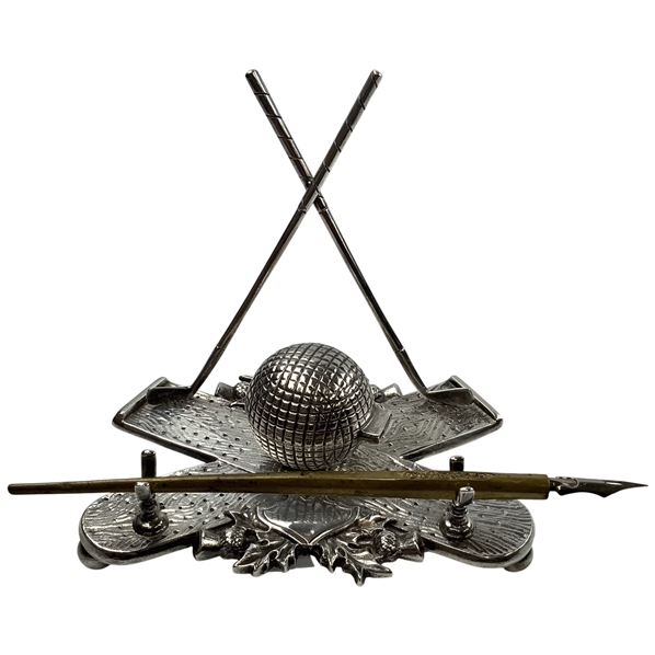 Vintage Line Cut Gutty Ball Pen & Ink Well Stand