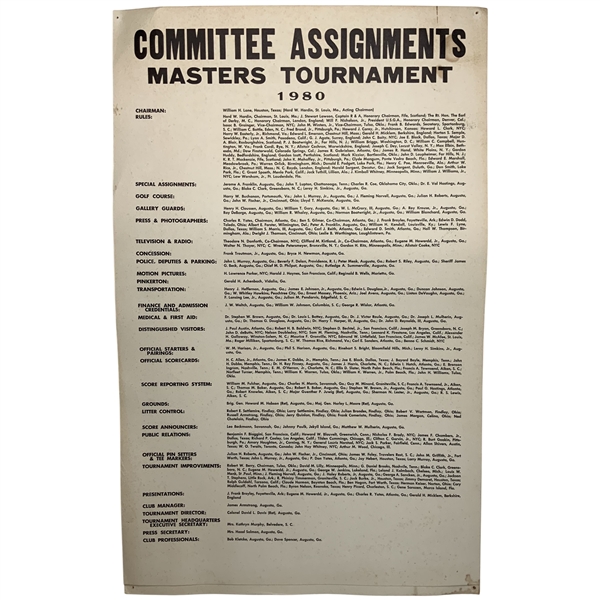 1980 Masters Tournament Official Committee Assignments Large-Format Broadside - Rare