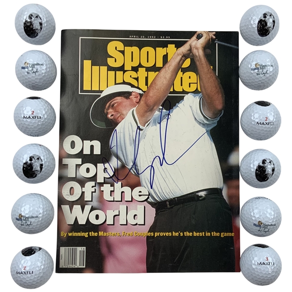Fred Couples Signed Sports Illustrated April 20 1992 Magazine and Twelve Commemorative Logo Golf Balls JSA ALOA