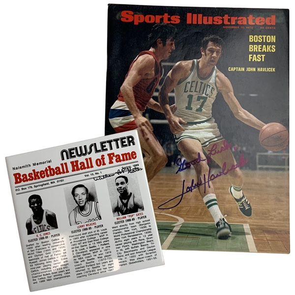 Gates & Havlicek Signed Basketball Memorabilia Items Including a 1972 Sports Illustrated Magazine and 1989 Hall of Fame Tile JSA ALOA