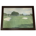 Original 1990 Augusta National Golf Club Watercolor Painting by Susan C. Harkey of the 18th Hole & Clubhouse