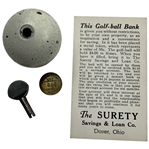 C. 1920’s The Surety Savings and Loan Company Promotional Golf Ball Bank with Original Token, Key, and Card