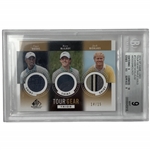 2014 Upper Deck SP Game Used Tour Gear Triple Gold Tiger Woods, Rory McIlroy (RC) & Jack Nicklaus Triple Shirt Card 14/15 BGS 9 Mint