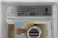 2014 Upper Deck SP Game Used Tour Gear Triple Gold Tiger Woods, Rory McIlroy (RC) & Jack Nicklaus Triple Shirt Card 14/15 BGS 9 Mint
