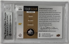 2014 Upper Deck SP Game Used Tour Gear Triple Gold Tiger Woods, Rory McIlroy (RC) & Jack Nicklaus Triple Shirt Card 14/15 BGS 9 Mint