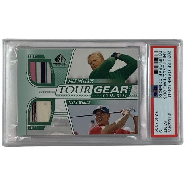 2021 Upper Deck SP Game Used Tour Gear Combos Jack Nicklaus and Tiger Woods Dual Relic Card #TG2NW PSA 9 Mint