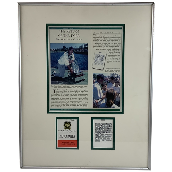 Tiger Woods Signed 1999 PGA Grand Slam of Golf Credential and Article Collage JSA ALOA