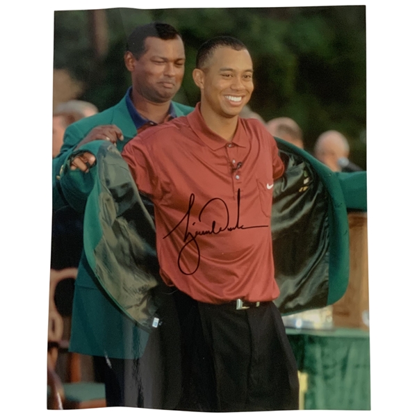 Tiger Woods Signed 2001 Masters Green Jacket Ceremony Photo JSA ALOA