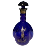 1920’s Cobalt 3-Lobe Blue Glass Decanter with Sterling Silver Overlay Golf Decoration