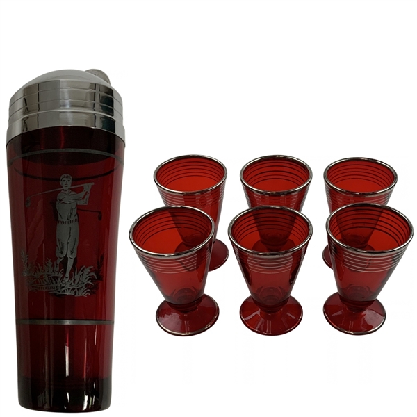 Circa 1920’s Set of Six Golf Ruby Red Sterling Silver Glass Cordials w/ Ruby Red Sterling Glass Cocktail Shaker 