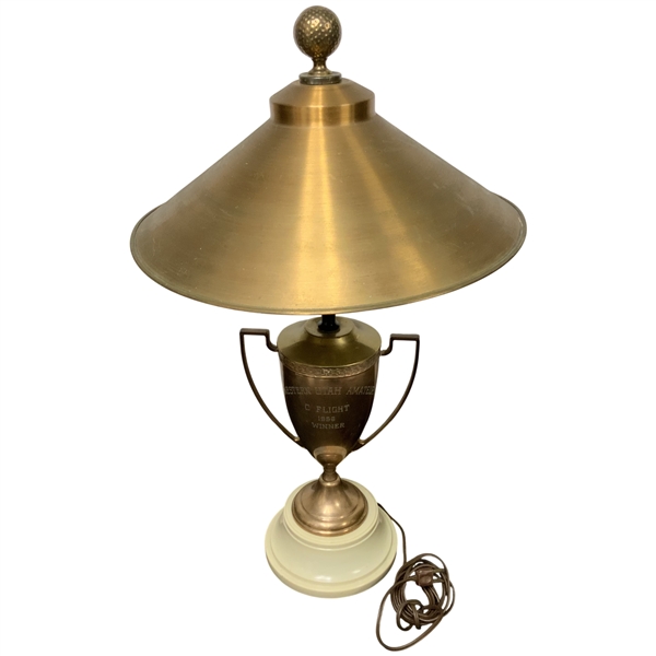 1956 Western Utah Amateur Golf Trophy Lamp with Brass Tone Metal Shade & Golf Ball Topper