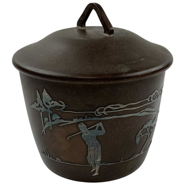 C. 1910 Heintz Art Metal Shop Sterling Silver on Bronze Golfing Tobacco Humidor