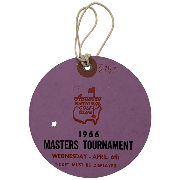 1966 Masters Tournament Gallery Ticket Wednesday April 6th - Jack Nicklaus Win